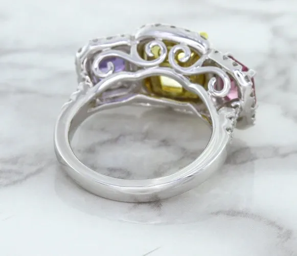Multicolor Sapphire Ring with Diamond Halo in 18K White Gold