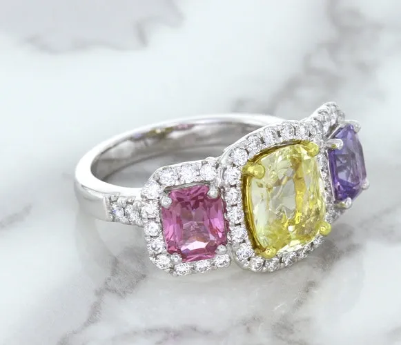 Multicolor Sapphire Ring with Diamond Halo in 18K White Gold