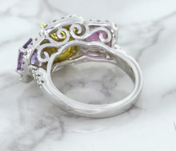 Multicolor Sapphire Ring with Diamond Halo in 18K White Gold
