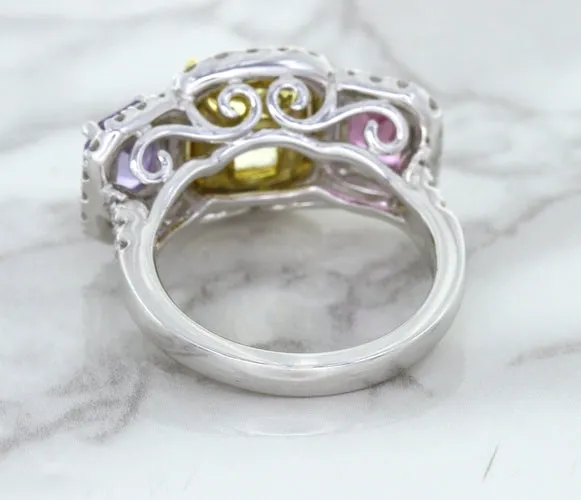 Multicolor Sapphire Ring with Diamond Halo in 18K White Gold