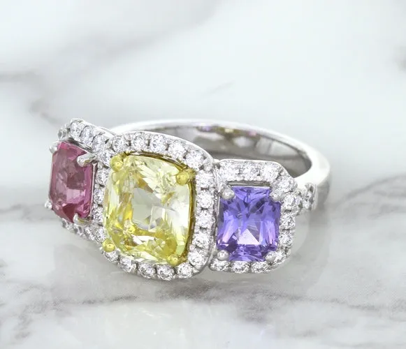 Multicolor Sapphire Ring with Diamond Halo in 18K White Gold