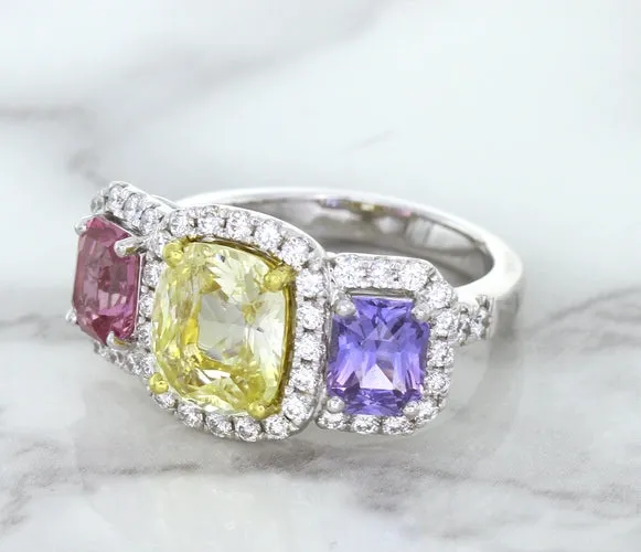 Multicolor Sapphire Ring with Diamond Halo in 18K White Gold