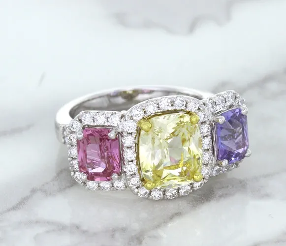Multicolor Sapphire Ring with Diamond Halo in 18K White Gold