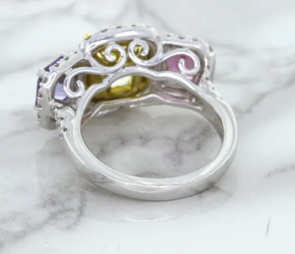 Multicolor Sapphire Ring with Diamond Halo in 18K White Gold