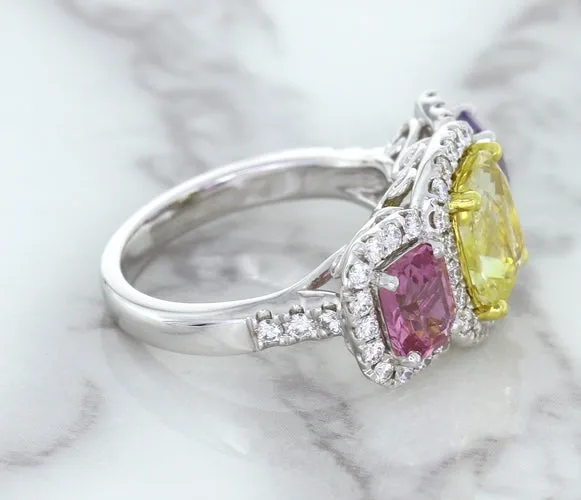 Multicolor Sapphire Ring with Diamond Halo in 18K White Gold