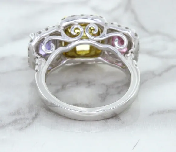 Multicolor Sapphire Ring with Diamond Halo in 18K White Gold