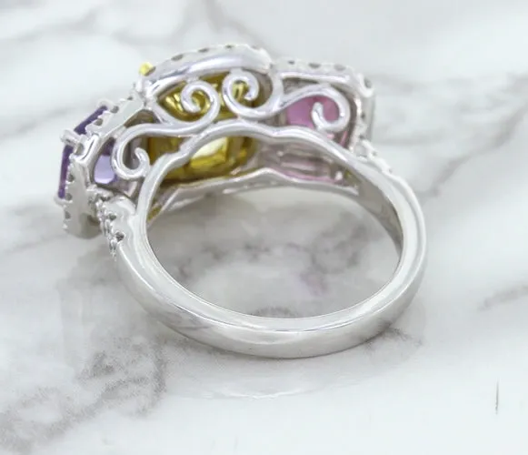 Multicolor Sapphire Ring with Diamond Halo in 18K White Gold