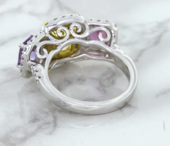 Multicolor Sapphire Ring with Diamond Halo in 18K White Gold