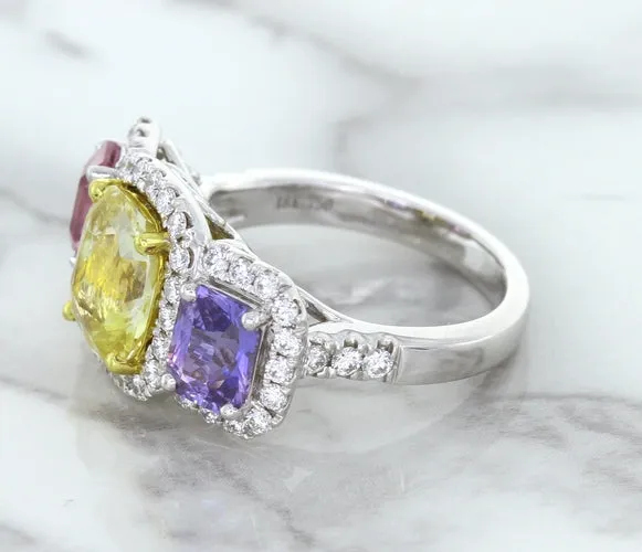 Multicolor Sapphire Ring with Diamond Halo in 18K White Gold