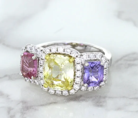 Multicolor Sapphire Ring with Diamond Halo in 18K White Gold