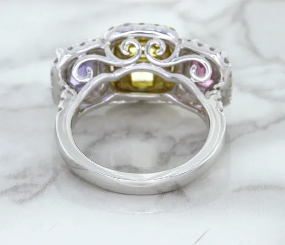 Multicolor Sapphire Ring with Diamond Halo in 18K White Gold