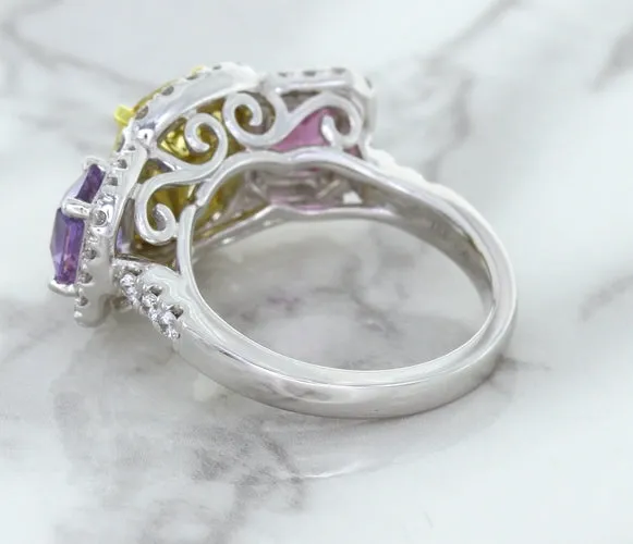 Multicolor Sapphire Ring with Diamond Halo in 18K White Gold