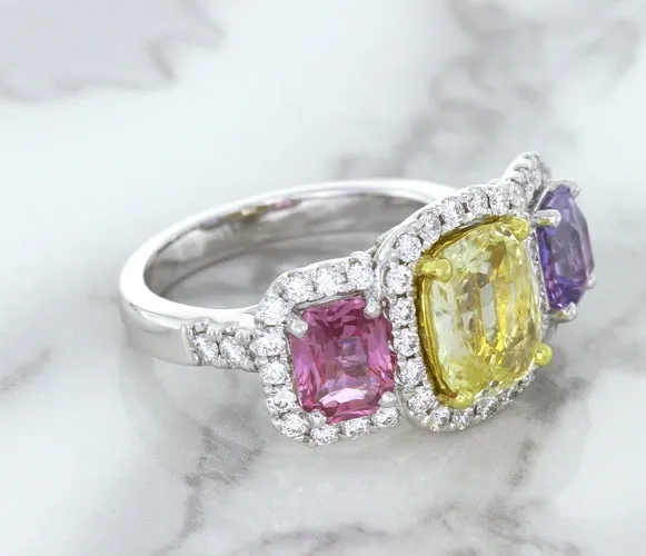 Multicolor Sapphire Ring with Diamond Halo in 18K White Gold