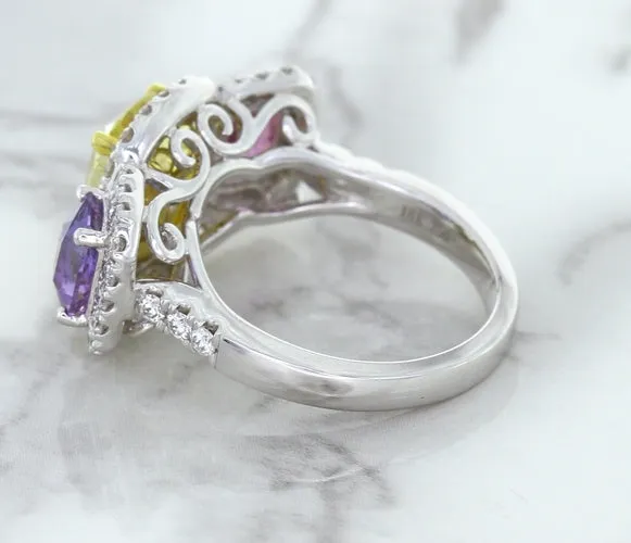 Multicolor Sapphire Ring with Diamond Halo in 18K White Gold