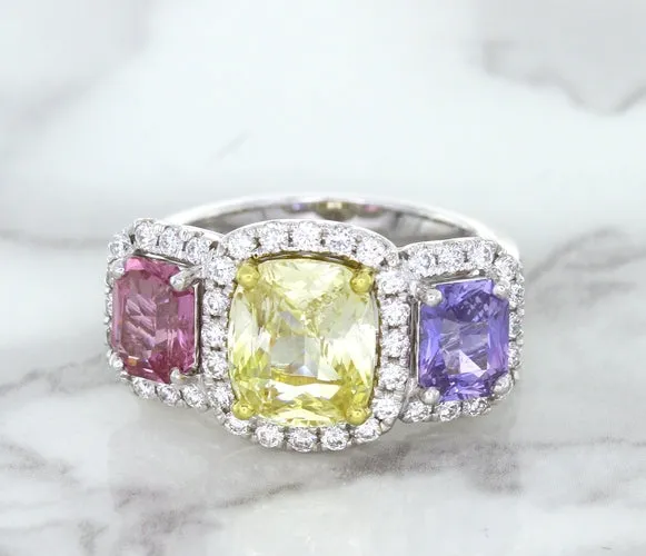 Multicolor Sapphire Ring with Diamond Halo in 18K White Gold