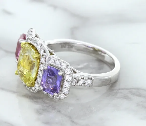 Multicolor Sapphire Ring with Diamond Halo in 18K White Gold
