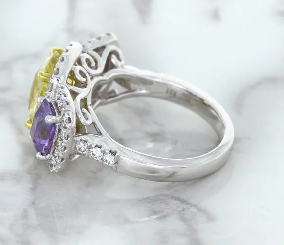 Multicolor Sapphire Ring with Diamond Halo in 18K White Gold