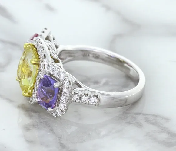Multicolor Sapphire Ring with Diamond Halo in 18K White Gold
