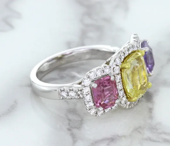 Multicolor Sapphire Ring with Diamond Halo in 18K White Gold