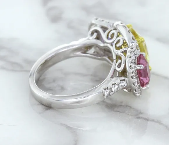 Multicolor Sapphire Ring with Diamond Halo in 18K White Gold