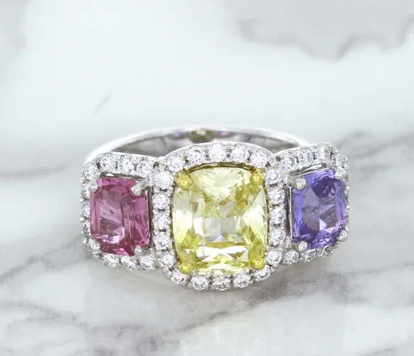 Multicolor Sapphire Ring with Diamond Halo in 18K White Gold