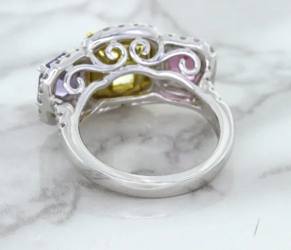 Multicolor Sapphire Ring with Diamond Halo in 18K White Gold
