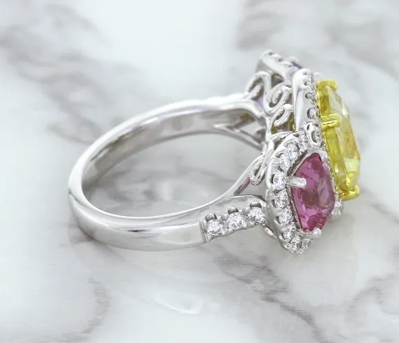 Multicolor Sapphire Ring with Diamond Halo in 18K White Gold