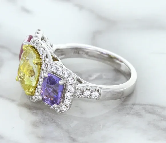 Multicolor Sapphire Ring with Diamond Halo in 18K White Gold
