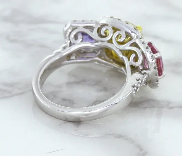 Multicolor Sapphire Ring with Diamond Halo in 18K White Gold