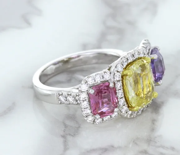 Multicolor Sapphire Ring with Diamond Halo in 18K White Gold