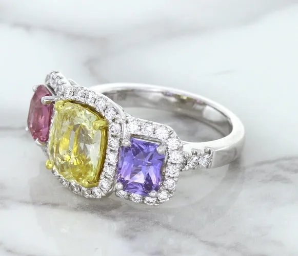 Multicolor Sapphire Ring with Diamond Halo in 18K White Gold