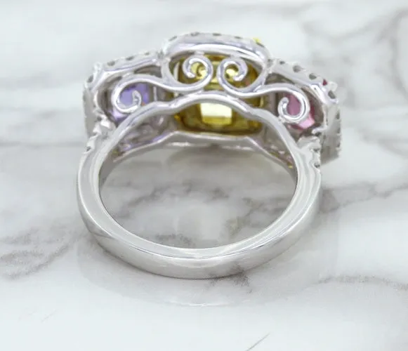 Multicolor Sapphire Ring with Diamond Halo in 18K White Gold