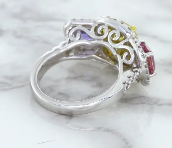 Multicolor Sapphire Ring with Diamond Halo in 18K White Gold