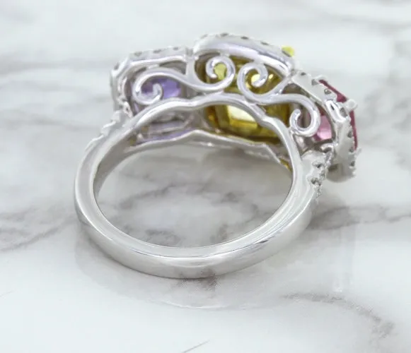 Multicolor Sapphire Ring with Diamond Halo in 18K White Gold