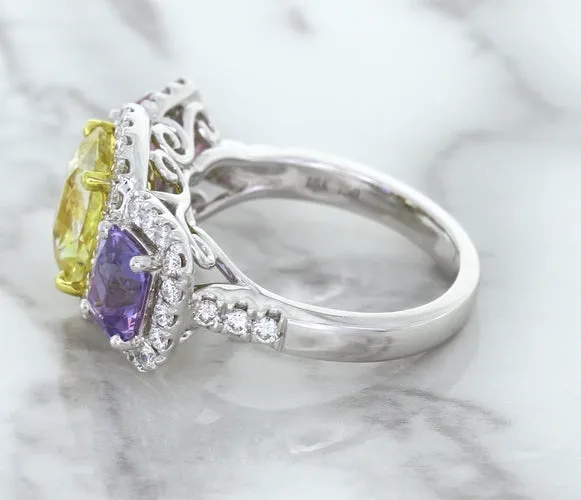 Multicolor Sapphire Ring with Diamond Halo in 18K White Gold