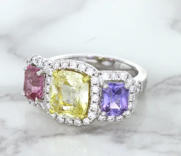 Multicolor Sapphire Ring with Diamond Halo in 18K White Gold