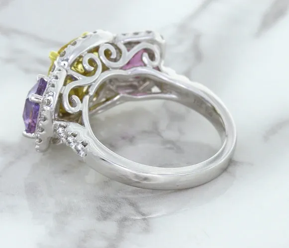 Multicolor Sapphire Ring with Diamond Halo in 18K White Gold