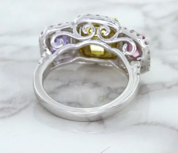 Multicolor Sapphire Ring with Diamond Halo in 18K White Gold