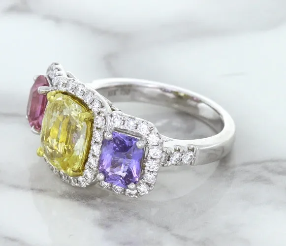 Multicolor Sapphire Ring with Diamond Halo in 18K White Gold