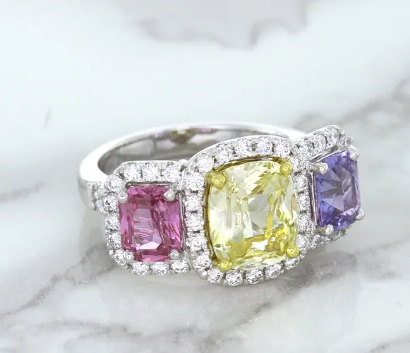 Multicolor Sapphire Ring with Diamond Halo in 18K White Gold