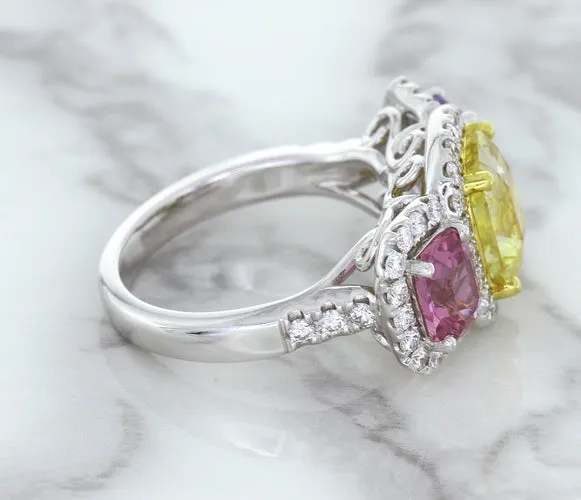 Multicolor Sapphire Ring with Diamond Halo in 18K White Gold