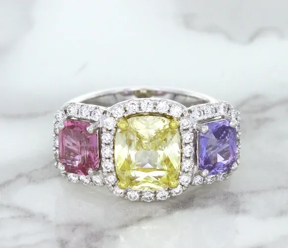 Multicolor Sapphire Ring with Diamond Halo in 18K White Gold