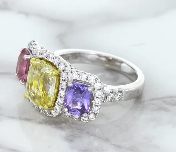 Multicolor Sapphire Ring with Diamond Halo in 18K White Gold
