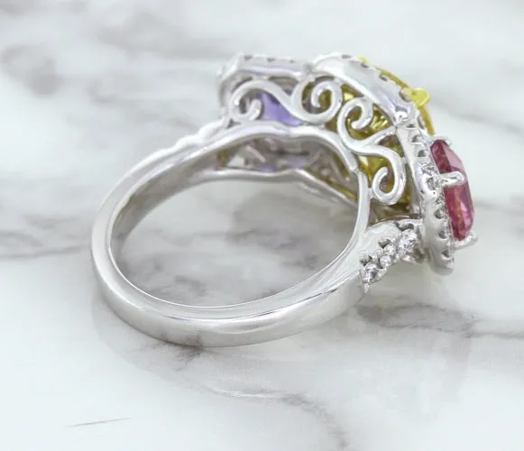 Multicolor Sapphire Ring with Diamond Halo in 18K White Gold