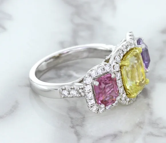 Multicolor Sapphire Ring with Diamond Halo in 18K White Gold