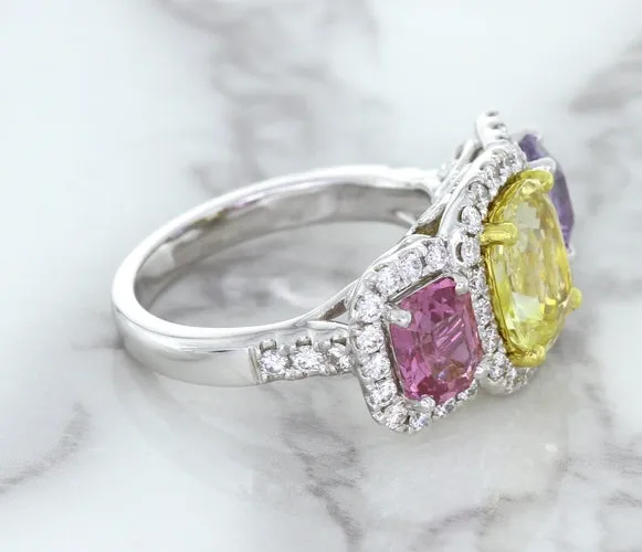 Multicolor Sapphire Ring with Diamond Halo in 18K White Gold