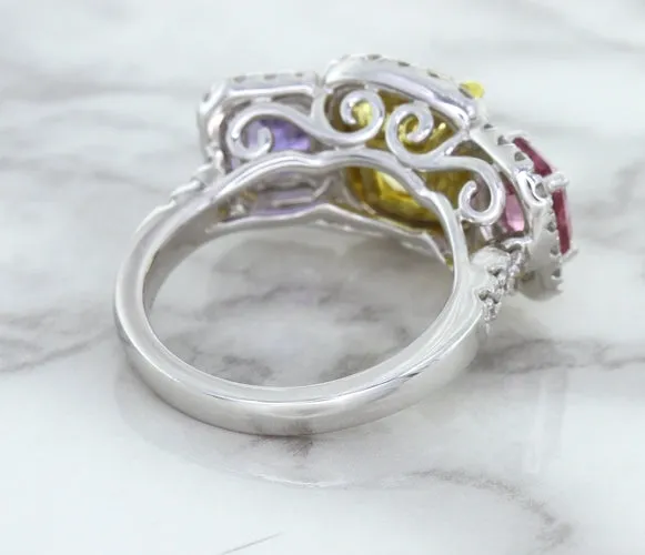 Multicolor Sapphire Ring with Diamond Halo in 18K White Gold