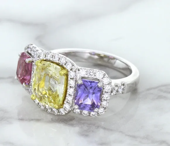 Multicolor Sapphire Ring with Diamond Halo in 18K White Gold