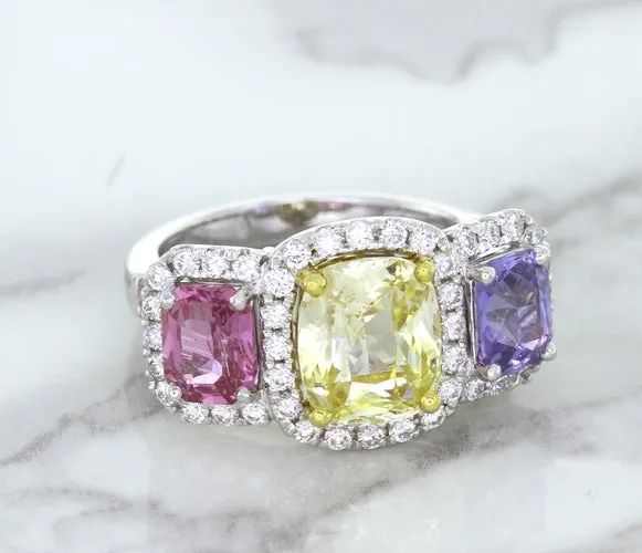 Multicolor Sapphire Ring with Diamond Halo in 18K White Gold