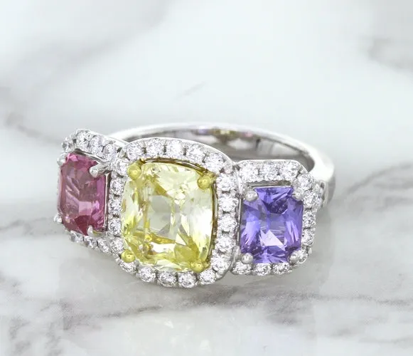 Multicolor Sapphire Ring with Diamond Halo in 18K White Gold